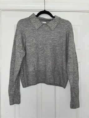 H&M Gray Pearl-Embellished Collar Sweater